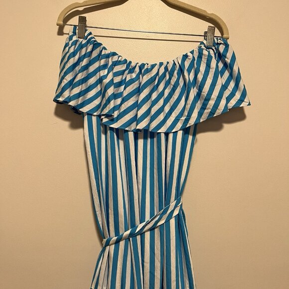 Trina Turk NWT‎ Salima 2 Midi Off-The-Shoulder Dress in Blue Stripe Size Large - Picture 8 of 12